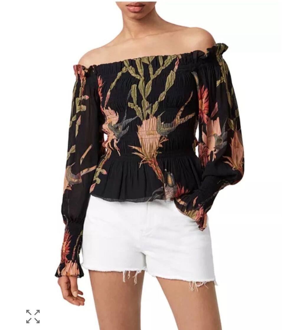ALLSAINTS Lara Off The Shoulder Chiffon Blouse Black Delicate Floral Print Sz6